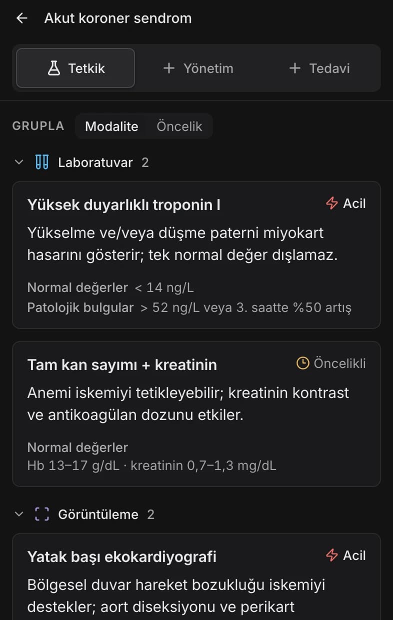 Tetkik paneli: laboratuvar ve görüntüleme testleri, öncelik ve referans aralıkları